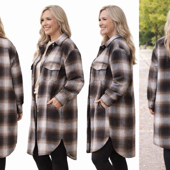 ChicSoul Women’s Plus Size 3X Plaid Shacket Button Up Jacket Brown - Picture 2 of 6